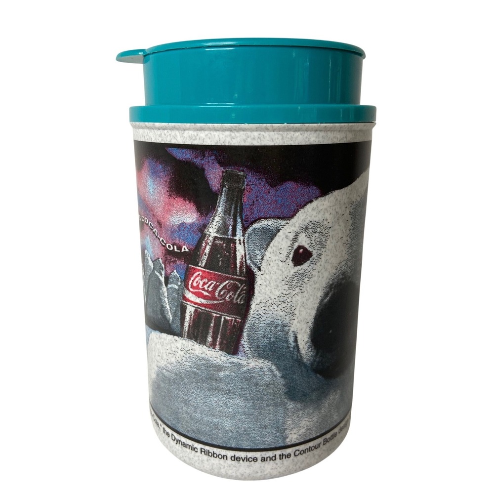 Vintage 1995 Coca-Cola Polar Bear‎ Perkins Travel Mug Whirley Teal Lid 1990s 6in